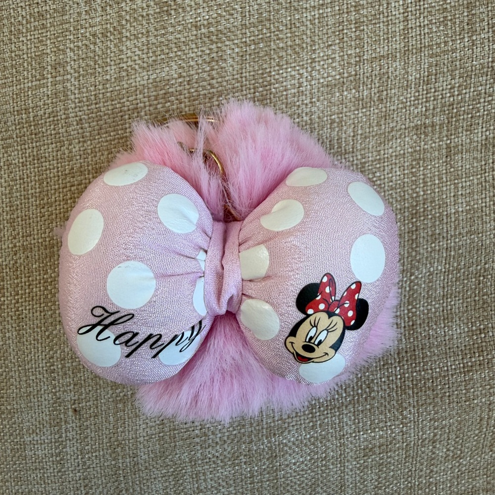 Disney Pink Polka Dot Minnie Bow Pom Pom Keychain